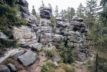 Fototapeta na wymiar Rock stacks in Mount Ostas reserve in Table Mountains, part of Broumovsko Protected Landscape Area in Czech Republic