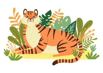Wild Tiger with tropical leaves in jungle. Vector trendy cartoon illustration.