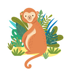 Cute monkey with tropical leaves in jungle on white background. Vector trendy cartoon illustration