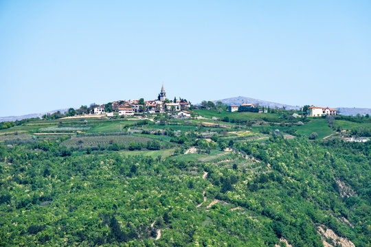 Village Vrh near lake Butoniga in Istria with mountain Ostrič