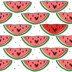Fresh fruits, hand drawn backdrop. Colorful wallpaper vector. Seamless pattern with ripe watermelons. Decorative illustration, good for printing. Overlapping background design