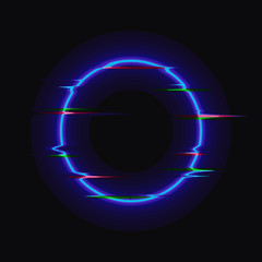 Vector Neon Blue Circle with Glitch Effect, Colorful Blank Frame Isolated, Shining Illustration Template.