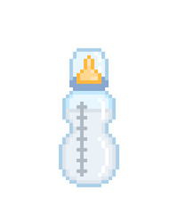 Old school 8 bit pixel art icon, baby bottle with a nipple filled with milk or infant formula isolated on white background.