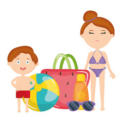 beautiful woman and son with swimsuit characters