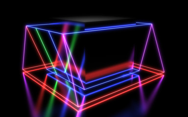 3D abstract geometric background with neon lights. 3d illustration