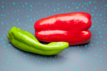 Pimiento verde y pimiento rojo sobre fondo gris y dibujos y diseños