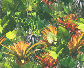 Obraz premium Tropical seamless pattern with succulents, tropical leaves. Botanical background
