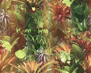 Obraz premium Tropical seamless pattern with succulents, tropical leaves. Botanical background