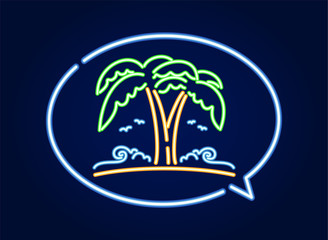 Neon light 3d beach icon. Palm tree with sun and ocean wave in speech bubble.