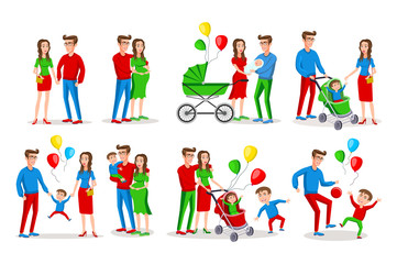 Naklejka premium Set of characters the family. Creation, birth of children, care and upbringing. Mother, father, daughter and son. Vector illustration in a flat style