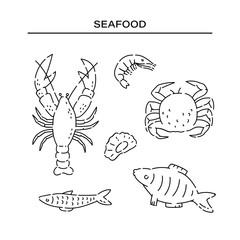 Set different sea products line doodle icons. Varieties marine food vector sketch black isolated illustration on white background.