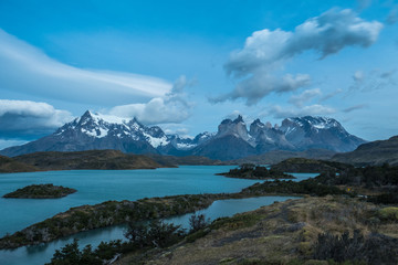 Torres del Paine National Park during the blue hour before sunrise. Chile