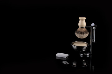 Traditional wet shaving. Shaving brush, safety razor and soap.