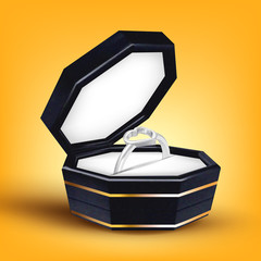 Silver Ring With Shape Of Heart In Box Vector. Bright Jewelry Ring Romantic Expensive Surprise Gift In Elegant Modern Black Packaging For Loving Girl On Birthday. Realistic 3d Illustration