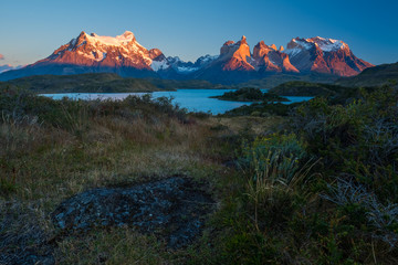 Torres del Paine National Park during the golden hour at sunrise. Chile