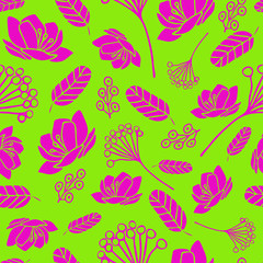 Vector lime green and pink seamless background. Design for fabrics, textiles, paper, wallpaper, web. Retro. Vintage style. Floral ornament.