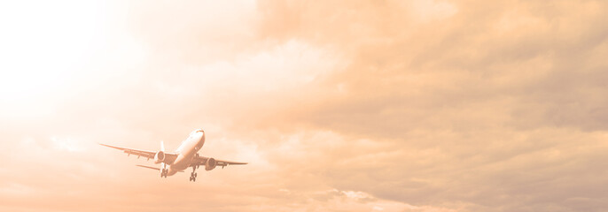 Fototapeta na wymiar The plane against the cloudy sky. Transport, travel.