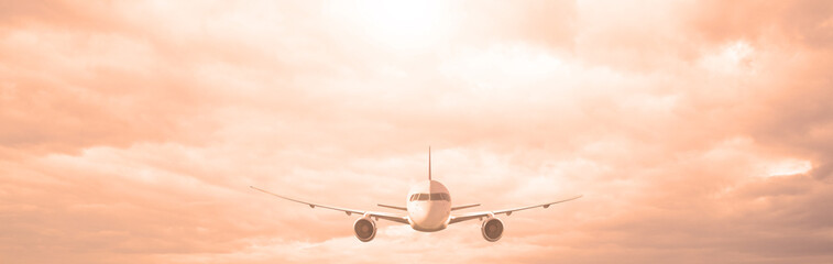 The plane against the cloudy sky. Transport, travel.