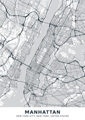 Manhattan map. Light poster with map of Manhattan borough (New York, United States). Highly detailed map of Manhattan with water objects, roads, railways, etc. Printable poster.