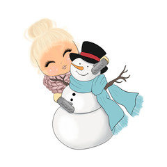 Blonde Hair Girl With Snowman Isolated On A White Background Hand Drawn Illustration