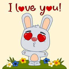 Obraz na płótnie Canvas Funny rabbit in cartoon style spread his hands for a kiss with text I love you - Valentine's day greeting card.
