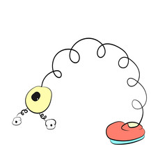 spring with eyes in a red boot bends, cartoon drawing.