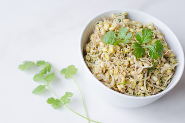mung beans salad on white background, in a white deep plate