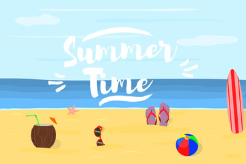 Summer background. Vacation and travel concept with beach things. Vector illustration.
