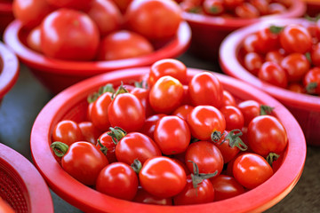 Delicious fresh tomatoes fruit vegetable food in red plastic basket at tradition market afternoon, Seoul, South Korea, harvest concept, close up.