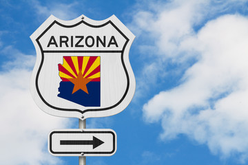 Arizona map and state flag on a USA highway road sign