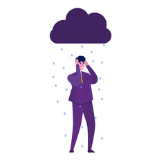  Bad day, Depressed concept,   businessman character weeping in the rain. Vector illustration.