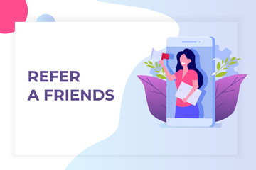 Refer a friend, Referral network marketing.   Recommend to  friend. Share referral code  Women shout on megaphone. Vector illustration.