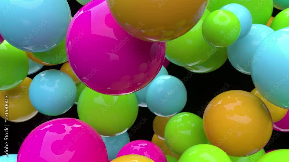 Poster colorful sparkling spheres isolated on black. abstract background. floating balls. motion design com