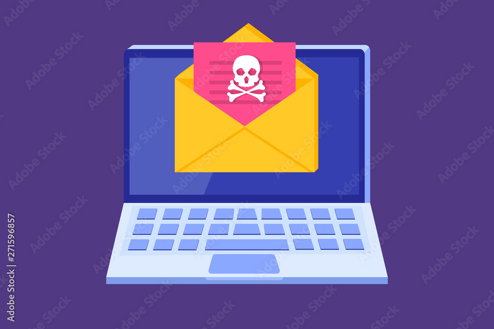 Poster laptop virus malware trojan notification or alert. hacker attack vector concept.