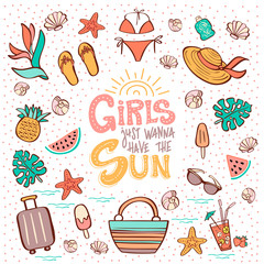 Hand lettering phrase Girls Just Wanna Have the Sun and summer vacation clip art