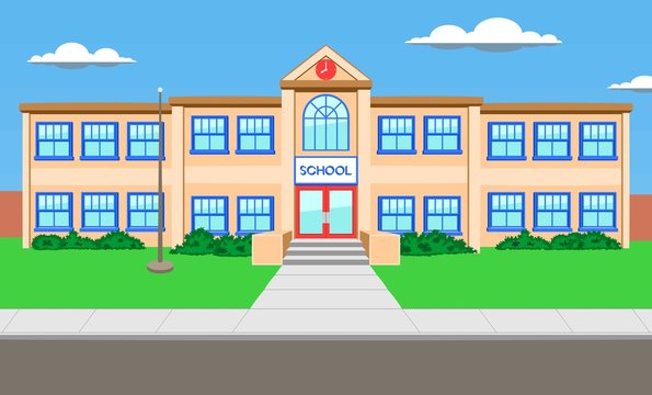 Building. A colorful two storey school with an entrance in the center, a clock and a flagpole. Cartoon. Vector illustration.