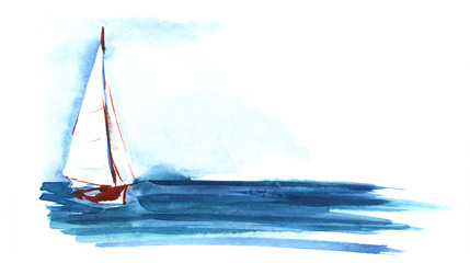 White sailboat with a triangular sail blue sea. Hand-drawn watercolor sketch illustration - 271597403