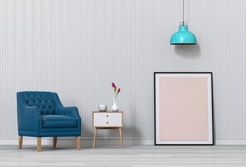mock up poster frame in interior living room and armchair, 3D render