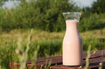 Glass bottle of fresh milk product on the rustic surface against green meadow.Natural light in the morning