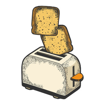 recommend clip art: Toaster with flying out bread toast crouton color sketch engraving vector illustration. Scratch board style imitation. Black and white hand drawn image.