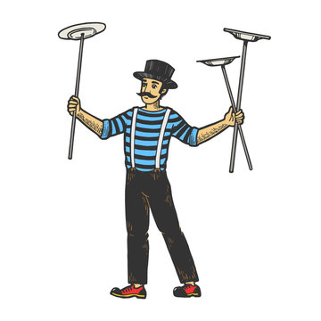 Circus Juggler Balancing Plates On Sticks Performance Color Sketch Engraving Vector Illustration. Scratch Board Style Imitation. Black And White Hand Drawn Image.