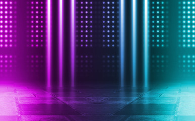 Background of an empty disco scene. Neon square figure in the center of the scene. Neon light smoke. Dark abstract futuristic background