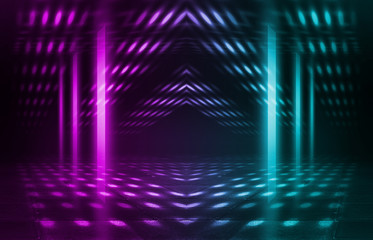 Background of an empty disco scene. Neon square figure in the center of the scene. Neon light smoke. Dark abstract futuristic background