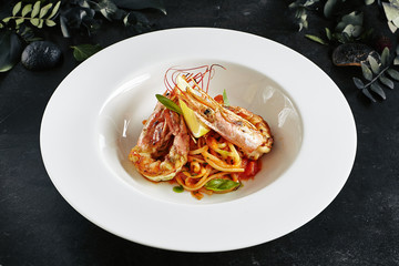 Exquisite Serving Creative Restaurant Food with Grilled Tiger Prawns and Smoked Sweet Pepper Cream...