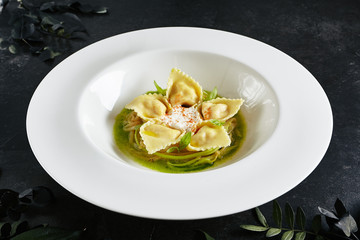 Tortellini with Shrimps or Seafood Ravioli, Young Zucchini Ragout Top View