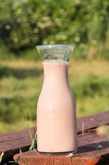 Delicious milkshake with strawberries on the wooden bench against green garden.Vertical shot