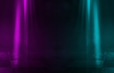 Background of an empty disco scene. Neon square figure in the center of the scene. Neon light smoke. Dark abstract futuristic background