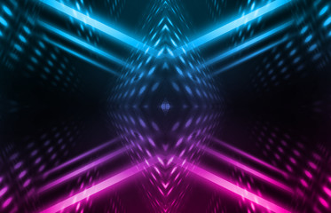 Dark abstract futuristic background. Neon lines, glow. Neon lines, shapes. Pink and blue glow