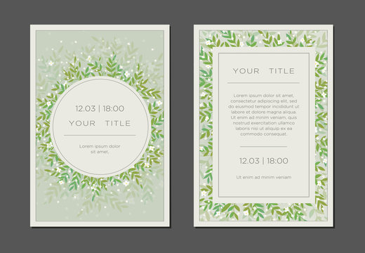 Greeting Simple Invitation Card Template Design Flowers And Leafs. Green And White