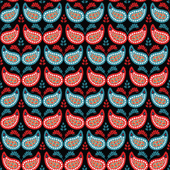 Boho flower paisley all over print. Seamless vector repeating pattern swatch. Bohemian folk art motif background. Hand drawn retro fashion prints 1970s style. Slavic wallpaper, linocut indian damask.